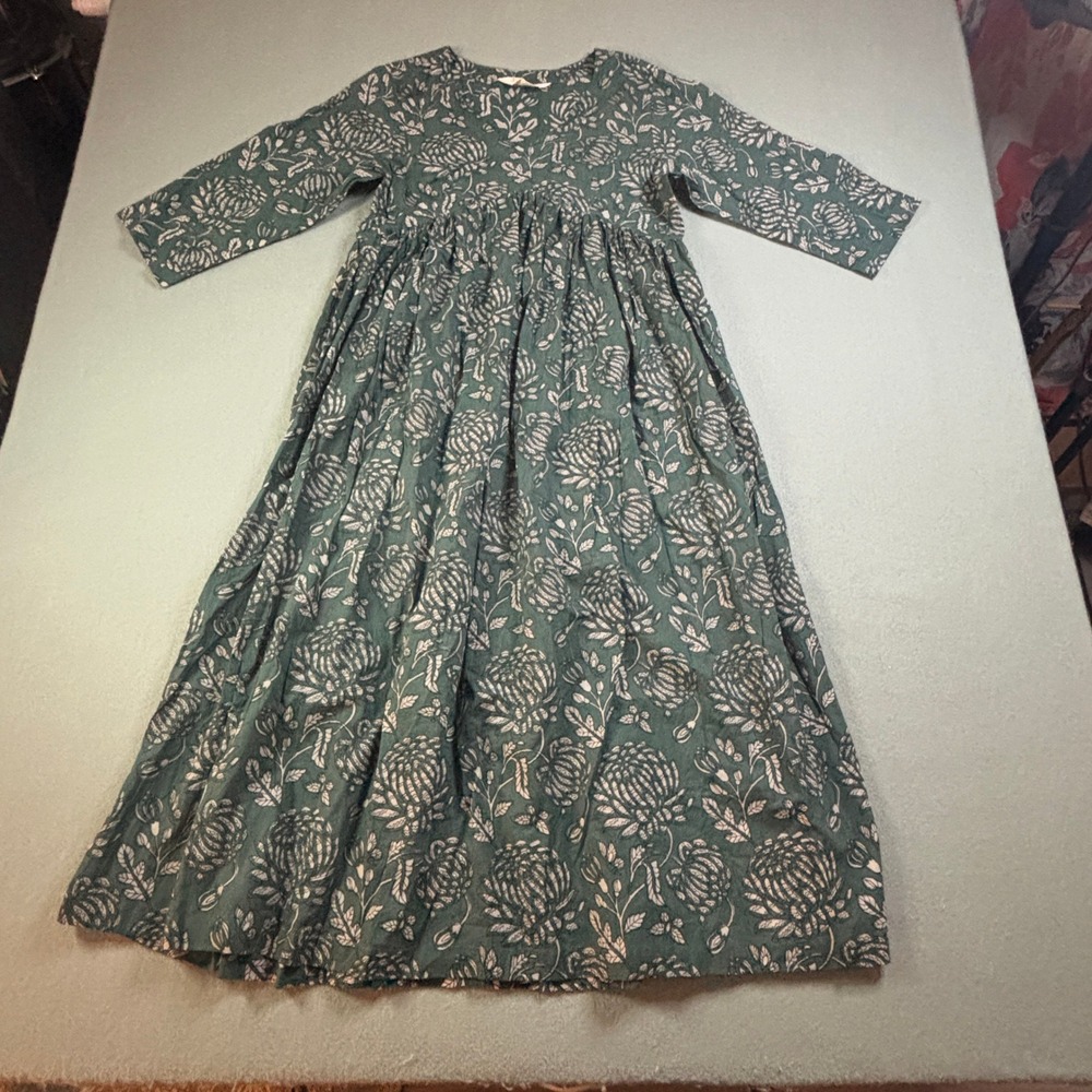 Baisa Crafts Block Print Floral Anarkali Kurta Maxi Dress Womens Medium Green